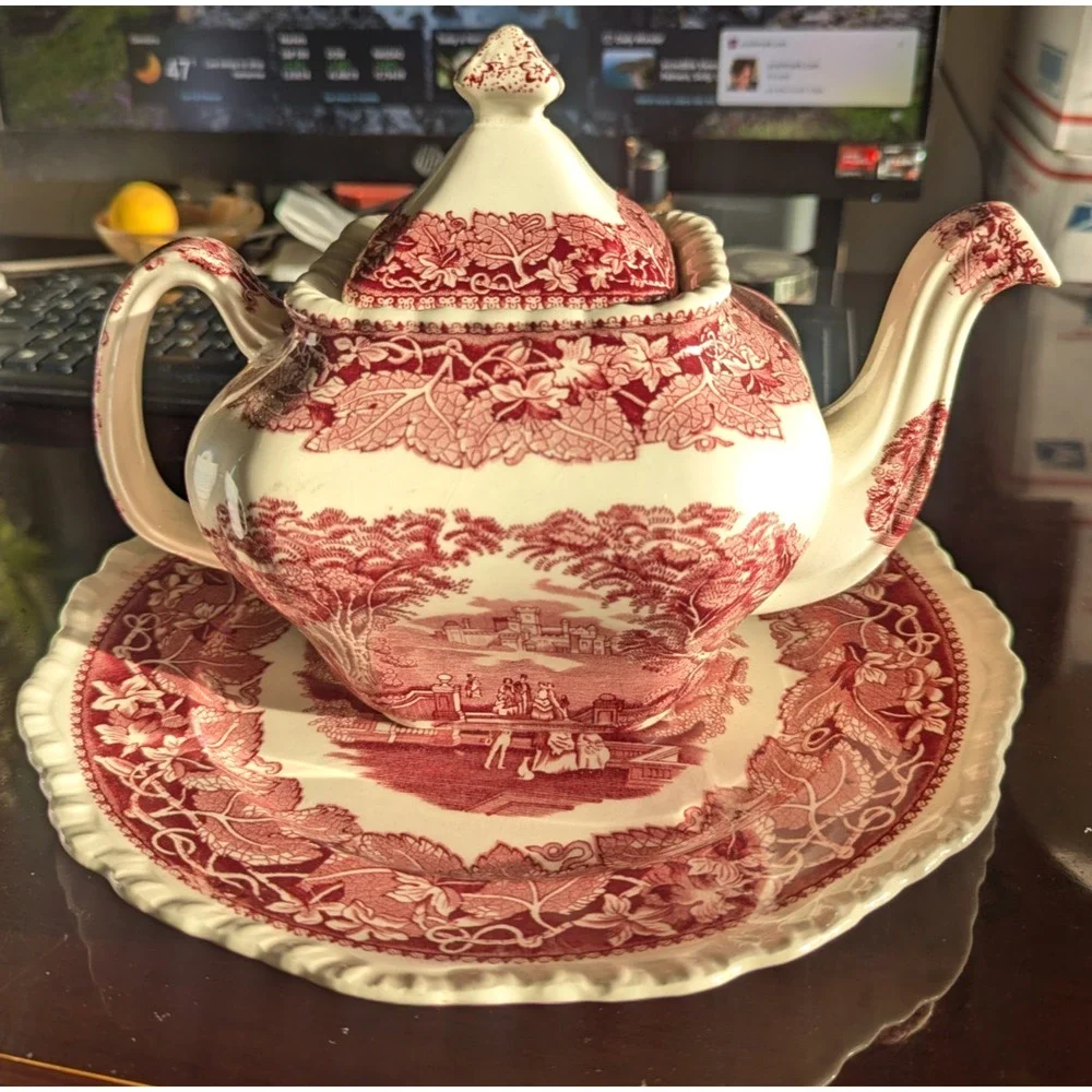 Mason's Vista Pink Red Transfer Teapot & Lid England Vintage $250.00